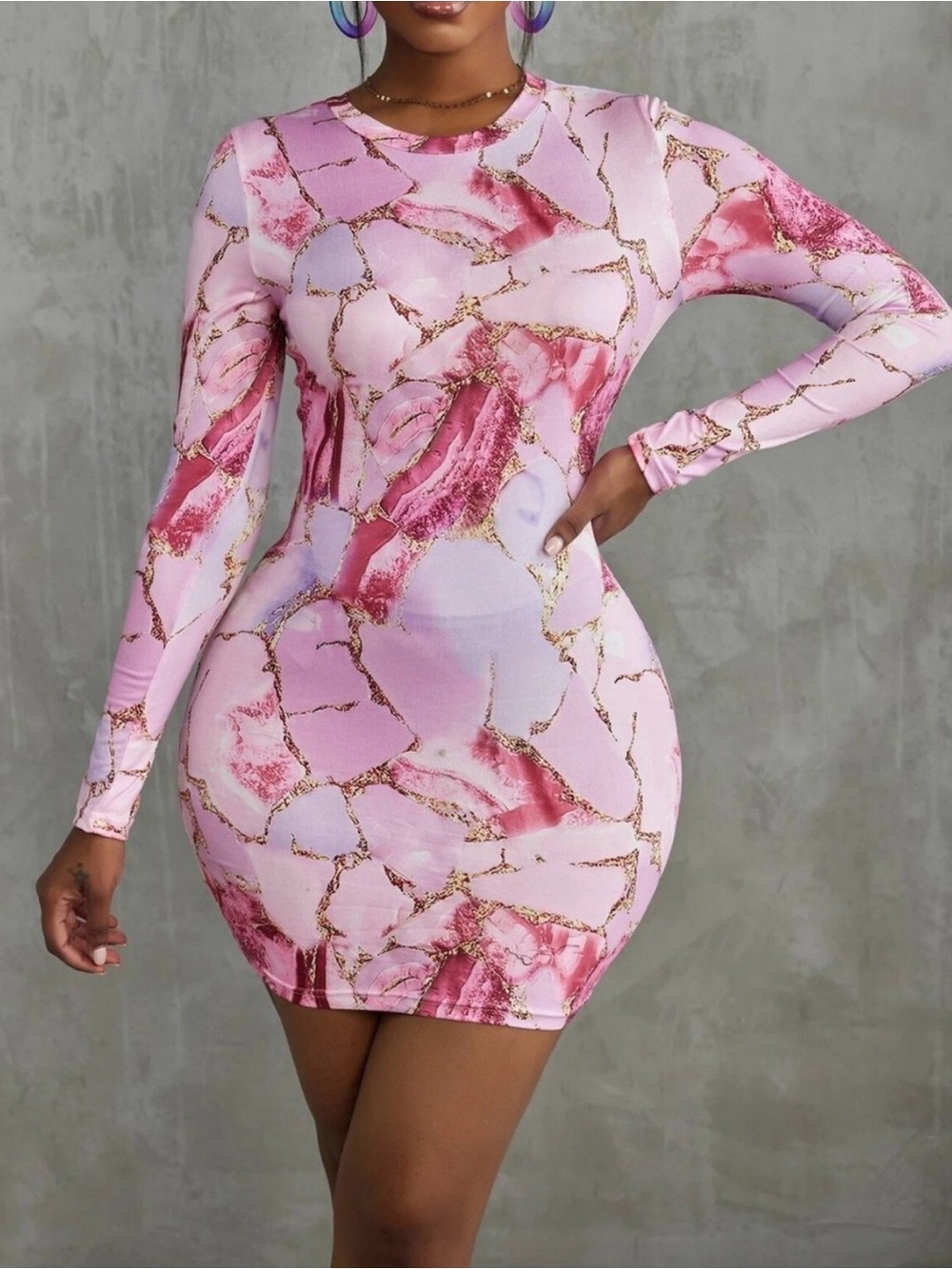 SHEIN Pink Marble-Print Long Sleeve Bodycon Mini Dress with Gold Veining